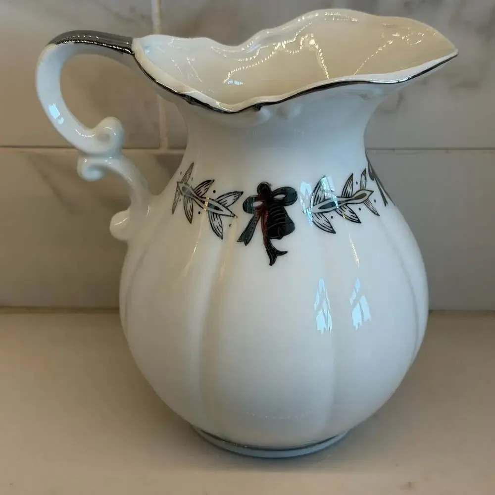 Lefton 25th Anniversary Pitcher & Bowl Set 5992 White Silver